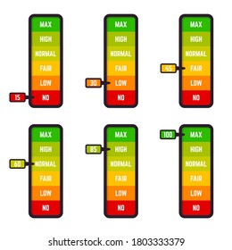 Escala de barras baja. Escala de la tasa de satisfacción, indicación de la satisfacción del cliente buena y baja calificación, niveles de mercancías miden los iconos de ilustración vectorial establecidos. Máximo alto y normal, justo y bajo nivel