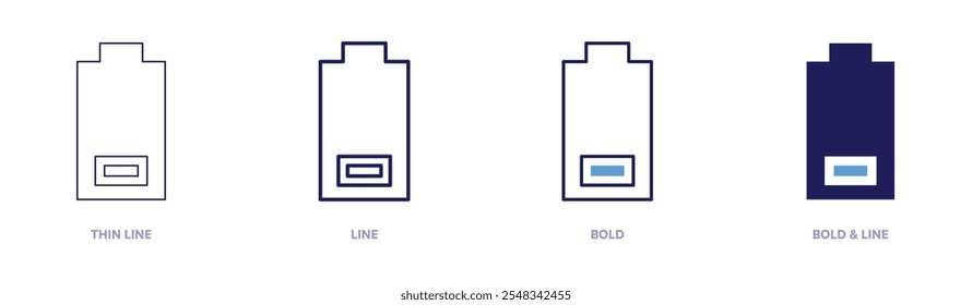 Low batteries icon in 4 different styles. Thin Line, Line, Bold, and Bold Line. Duotone style. Editable stroke.