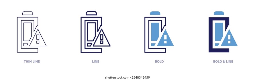Low battery alert icon in 4 different styles. Thin Line, Line, Bold, and Bold Line. Duotone style. Editable stroke.