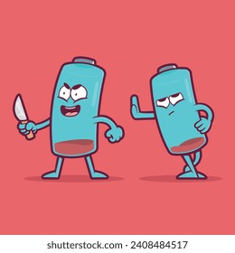 Low Battery Characters with angry faces vector illustration. Energy, power, life design concept.