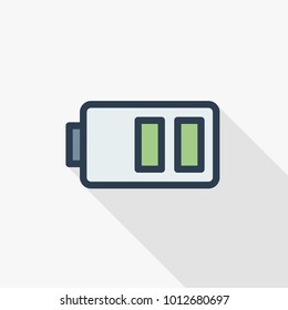 low battery, charge thin line flat color icon. Linear vector illustration. Pictogram isolated on white background. Colorful long shadow design.