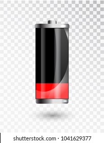 Low battery. Battery charging status indicator. Glass realistic power battery illustration on transparent background. Full charge total discharge. Charge status. Vector.