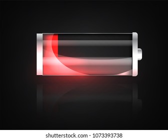 Low battery. Battery charging status indicator. Glass realistic power battery illustration on black background. Full charge total discharge. Charge status. Vector.