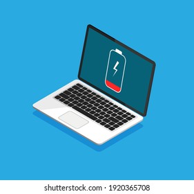 El concepto de batería baja. El portátil necesita carga. Monitor de computadora con vista frontal de teclado. Diseño isométrico. Ilustración vectorial.