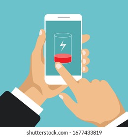 Niedriges Akkukonzept. Smartphone muss geladen werden. Handberührungsschirm des Telefons. Flaches Design. Vektorillustration.