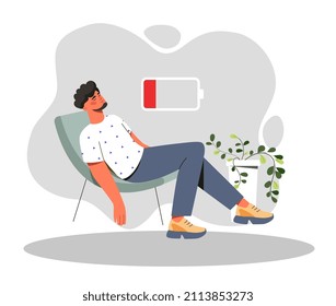 Low battery concept. Young man sitting on chair, employee tired at workplace. Difficulties and processing. Discharged indicator, fatigue and emotional burnout. Cartoon flat vector illustration