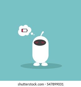 low battery conceptual illustration: cute white robot dreaming about charging / flat editable vector illustration