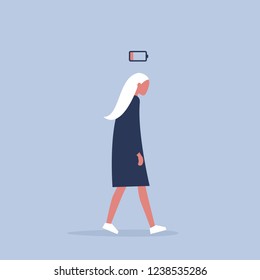 low battery conceptual illustration. young female exhausted character. Modern urban life / flat editable vector illustration