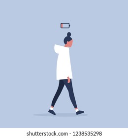 Low Battery Conceptual Illustration. Young Female Exhausted Character. Modern Urban Life / Flat Editable Vector Illustration