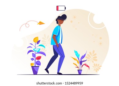 low battery conceptual illustration. young female exhausted character. Modern urban life / flat editable vector illustration