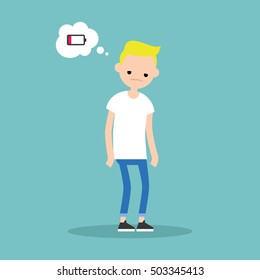 low battery conceptual illustration: young exhausted blond boy thinking about charging / flat editable vector illustration