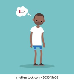 low battery conceptual illustration: young exhausted black man thinking about charging / flat editable vector illustration