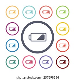 low battery flat icons set. Open colorful buttons 