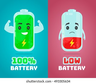 low battery and full power battery vector flat cartoon character illustration. Energy charge concept