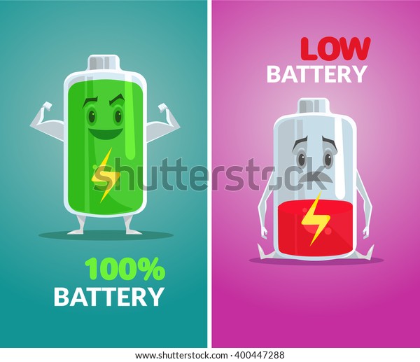Low\
battery and full battery. Vector flat\
illustration