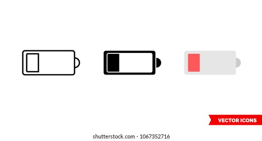 Low battery icon of 3 types: color, black and white, outline. Isolated vector sign symbol.