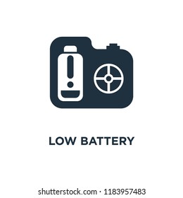 Low battery icon. Black filled vector illustration. Low battery symbol on white background. Can be used in web and mobile.