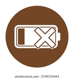 Low battery icon with cross symbol on brown circle background representing empty battery and power off status