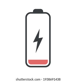 Low Battery Icon. Empty Phone Battery Icon With Lightning Bolt. Batter Isolated On White Background. Vector Illustration