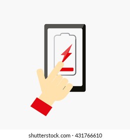 low battery icon, hand over cell phone in color backdrop