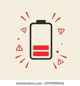 Low battery icon with red warning signs, perfect for tech-related designs. Minimalist vector art.