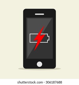 Low Battery Illustration. Flat Design. Low Battery Notification On Phone Screen. 
