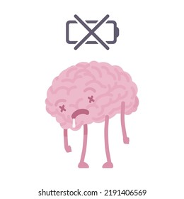 Low battery indicator human brain cute character worn out pose. Bad level activity, discharge, stressed out, emotional, mental, social, physical and spiritual loss. Vector flat style illustration