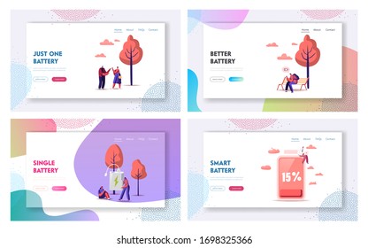 Juego de plantillas de la página de aterrizaje de batería baja. Caracteres Cargar dispositivos, teléfonos móviles y gadgets. Red social y tecnología de carga telefónica y accesorios. Ilustración de vectores de personas de caricaturas