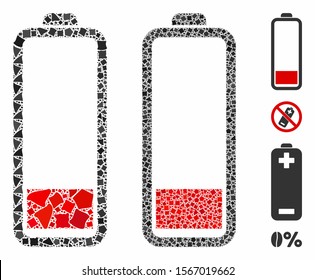 Low battery level composition of inequal parts in various sizes and color hues, based on low battery level icon. Vector inequal pieces are united into composition.