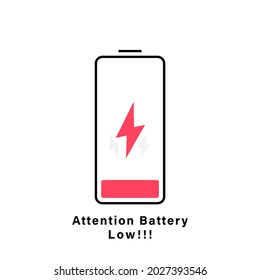 Low battery level. Discharged battery. Please charging battery. Vector Illustration.