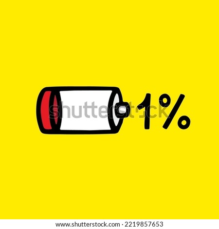 Low battery level doodle. 1% battery life cartoon drawing. Vector illustration.