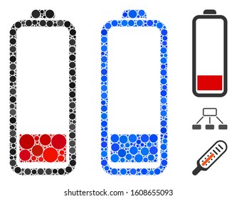 Low battery level mosaic of round dots in various sizes and shades, based on low battery level icon. Vector random circles are united into blue mosaic.