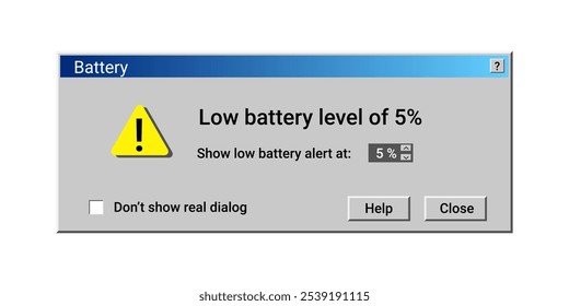 Low battery level notification. Laptop message about power. Information about accumulator.