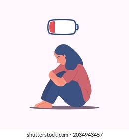 Low battery life young woman. Sad, fatigued female. Crying discharged power human. Vector illustration.