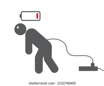 Low Battery Man With Electrical Plug. Tiredness Icon. Burnout Of Working. Low Level Energy. Vector Illustration