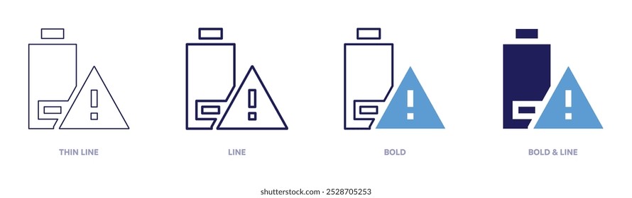Low battery mark icon in 4 different styles. Thin Line, Line, Bold, and Bold Line. Duotone style. Editable stroke.