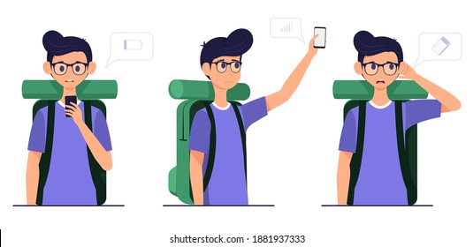 low battery, no signal and forgot to bring a power bank. men carrying bags and cellphones. facial expressions. vector illustration of some traveling problems. white background