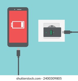 Low battery notification. Smartphone charger and electric socket. Charging phone. Vector 