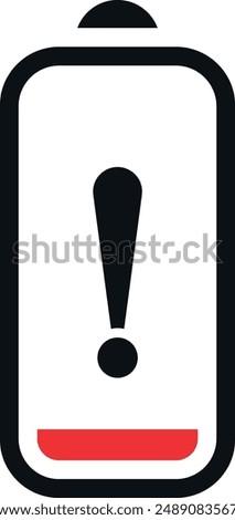 Low battery on smartphone icon. Isolated empty battery symbol on white background. Caution low battery level concept, exclamation mark. Vector to PNG illustration.