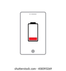 Low battery phone or tablet. Red notification icon on screen. Vector illustration symbol.