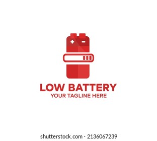 Diseño del logotipo de la batería baja, indicadores de luz roja. Indicador alimentado, carga de baterías vacías y bajo diseño e ilustración del vector de potencia de la batería.