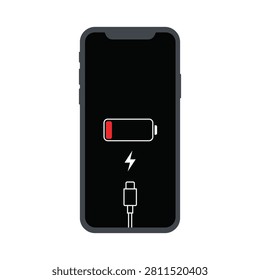 Low battery smartphone charging with power cable mobile device energy warning illustration flat vector isolated white background modern technology application interface design concept