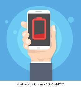 Low battery smartphone in hand. Flat style vector illustration.