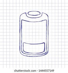 Low battery, technology icon. Hand drawn picture on paper sheet. Blue ink, outline sketch style. Doodle on checkered background