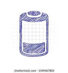 Low battery, technology icon. Hand drawn sketched picture with scribble fill. Blue ink. Doodle on white background