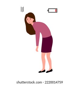 Low battery tired fatigued businesswoman concept vector illustration.