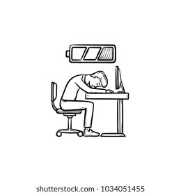 Low battery tired man hand drawn sketch vector icon. Out of power, burnout concept. Low battery symbolize hard working. Outline doodle illustration for print, web, infographics isolated on white
