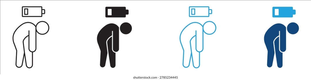 Low Battery Tired Person Icon Collection. Energy Drain and Exhaustion Symbols Set. Fatigue Vector Illustration