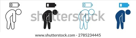 Low Battery Tired Person Icon Collection. Energy Drain and Exhaustion Symbols Set. Fatigue Vector Illustration