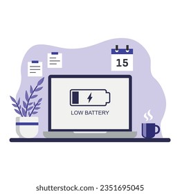 Low battery vector illustration. Desk on isolated background. Charge sign concept.